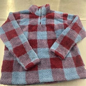 Eddie Bauer Blue Red Plaid 1/4 Zip Pullover  Plush Sweatshirt Large